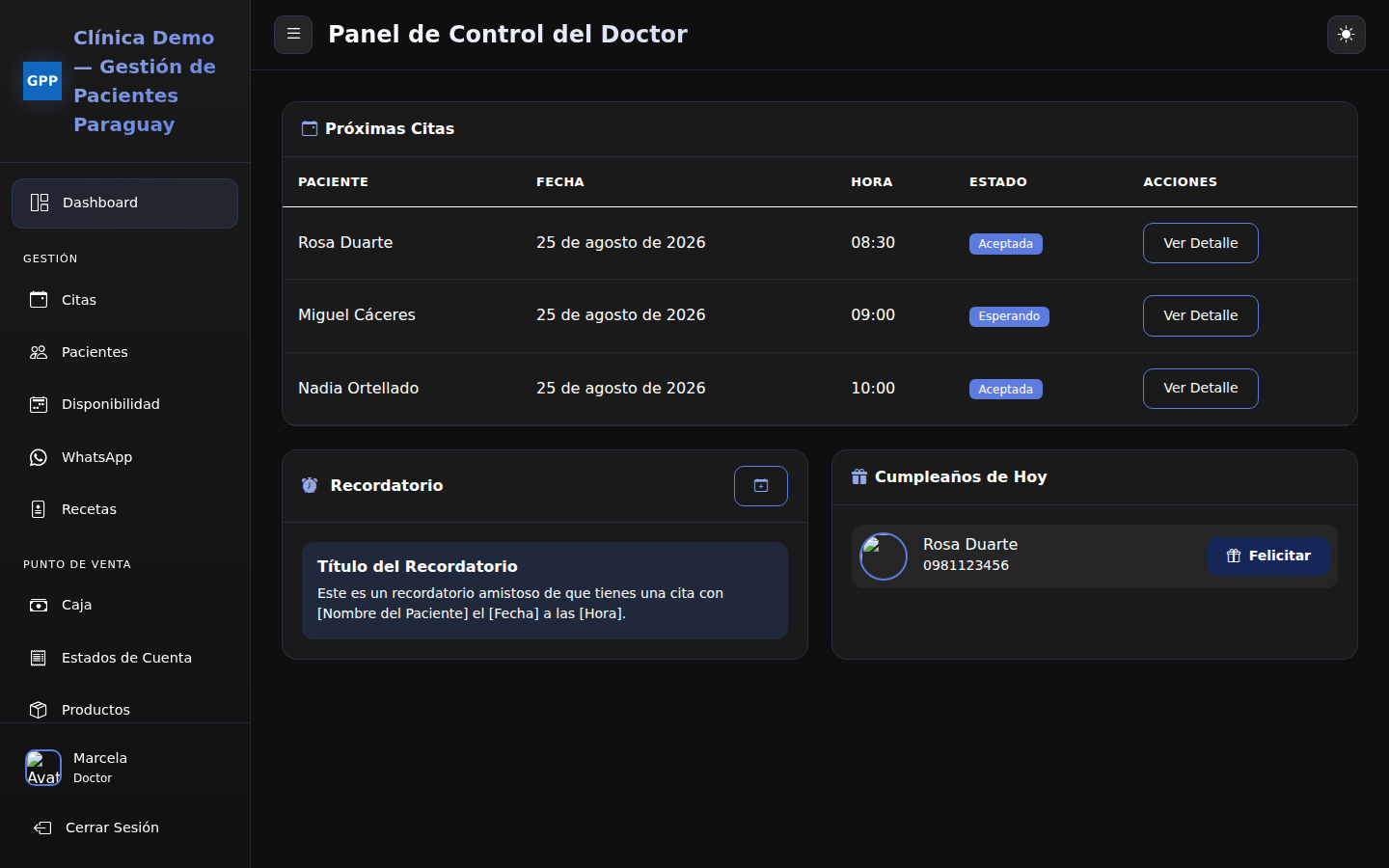 Panel de control del doctor, con próximas citas y cumpleaños de hoy