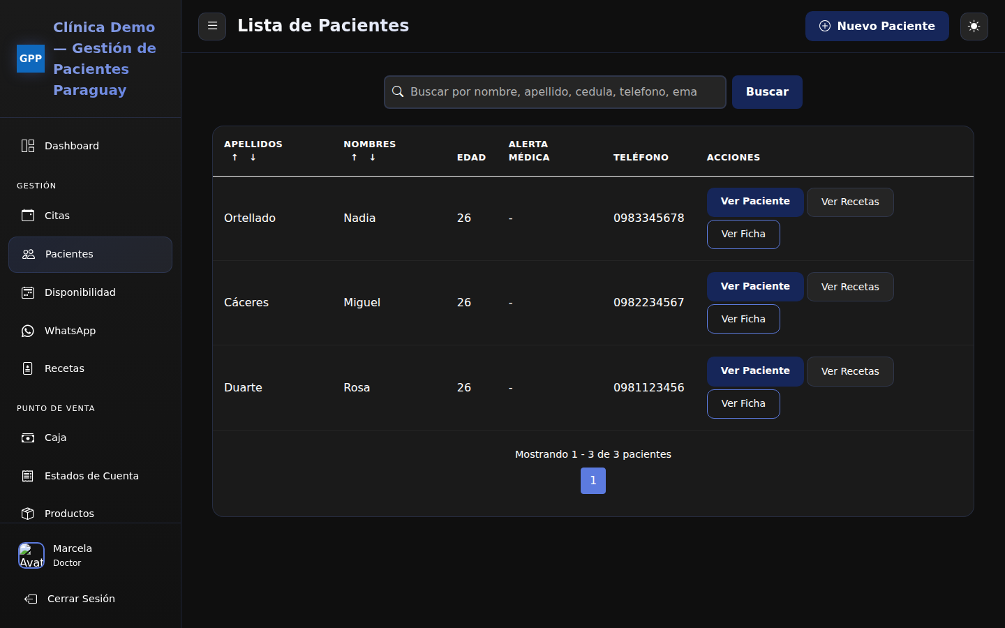 Lista de pacientes con búsqueda y acciones